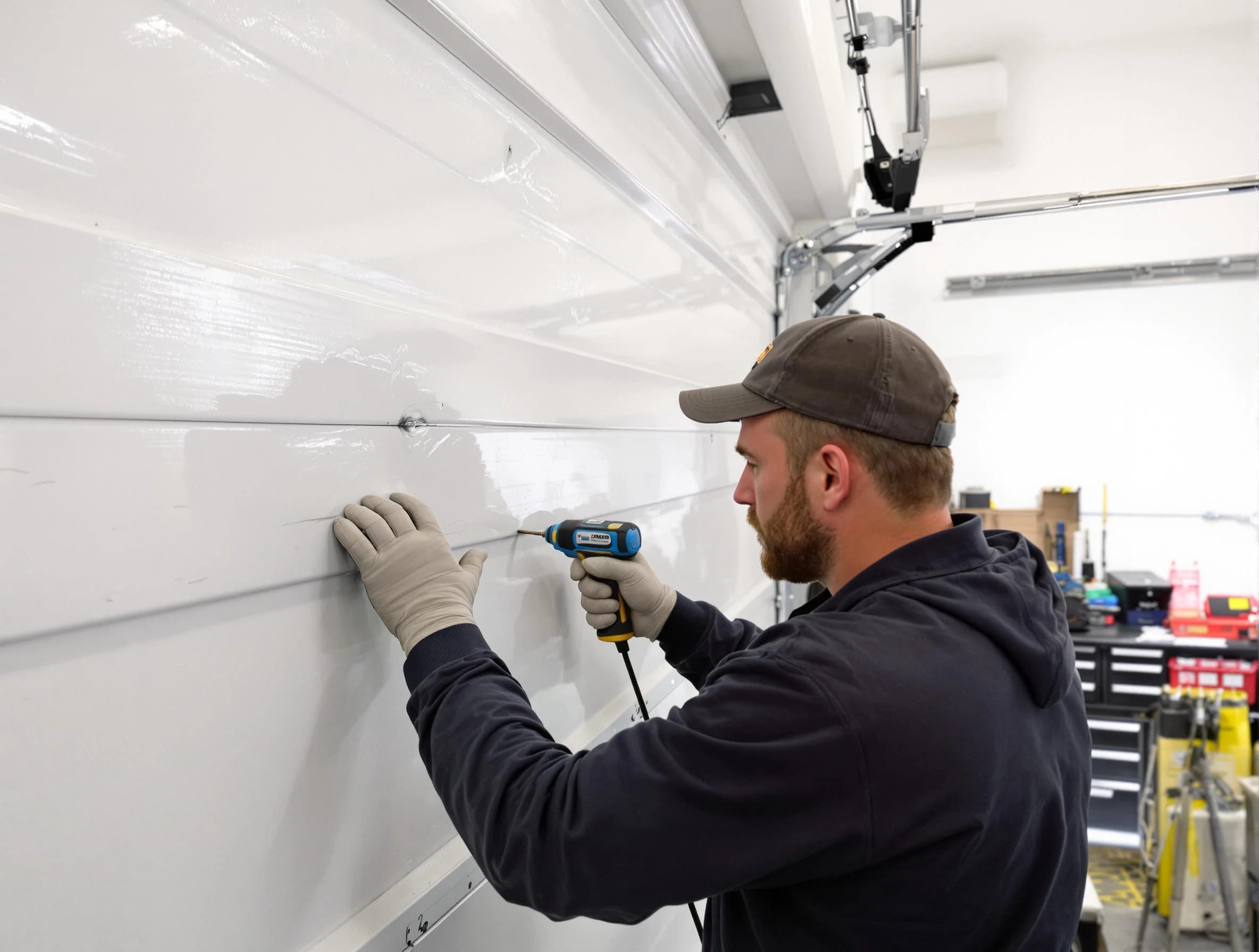 Snyderville Garage Door Repair technician demonstrating precision dent removal techniques on a Snyderville garage door